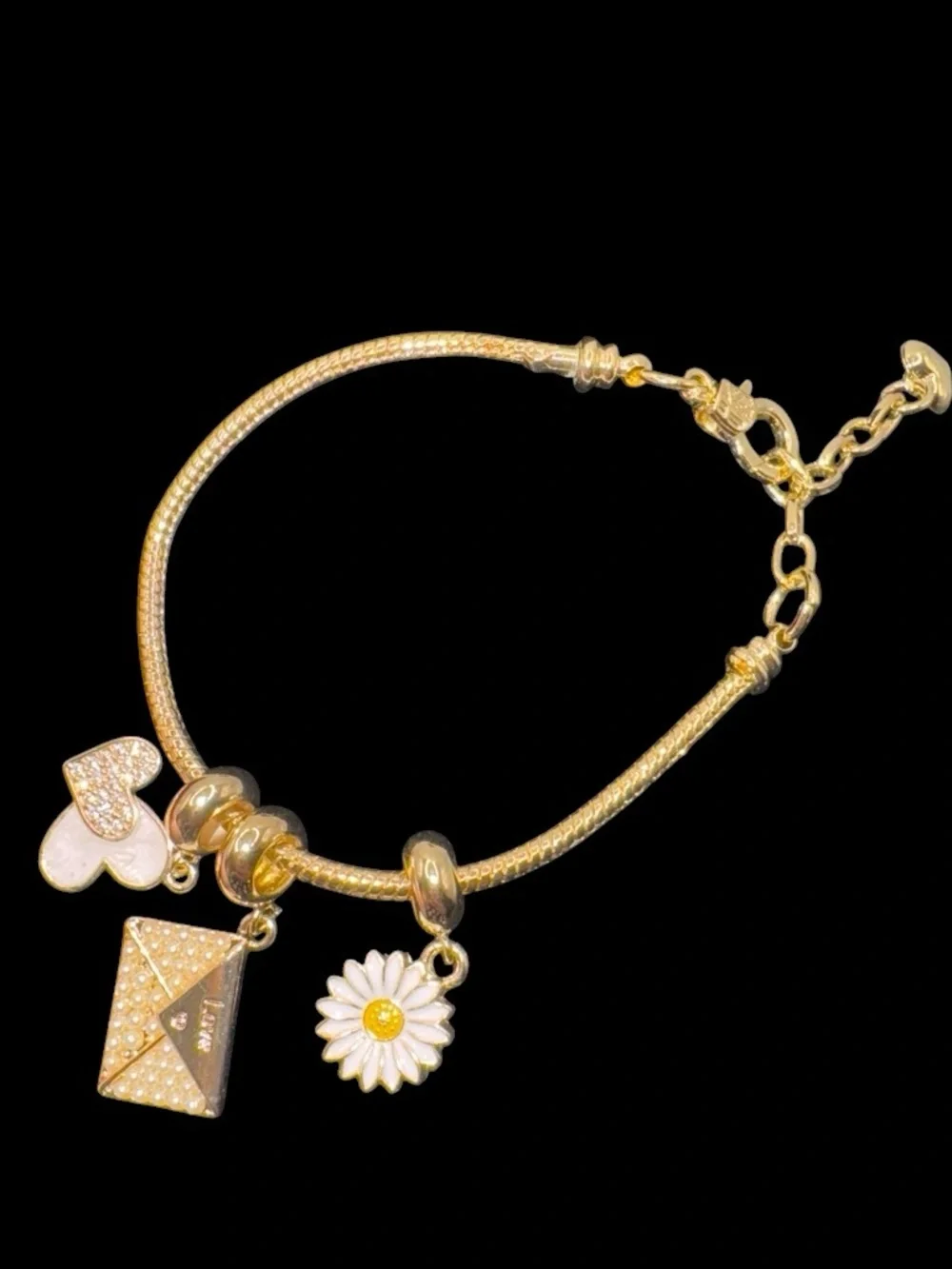 Goldfield -Tone Charm Bracelet – Hearts, Daisy & Envelo